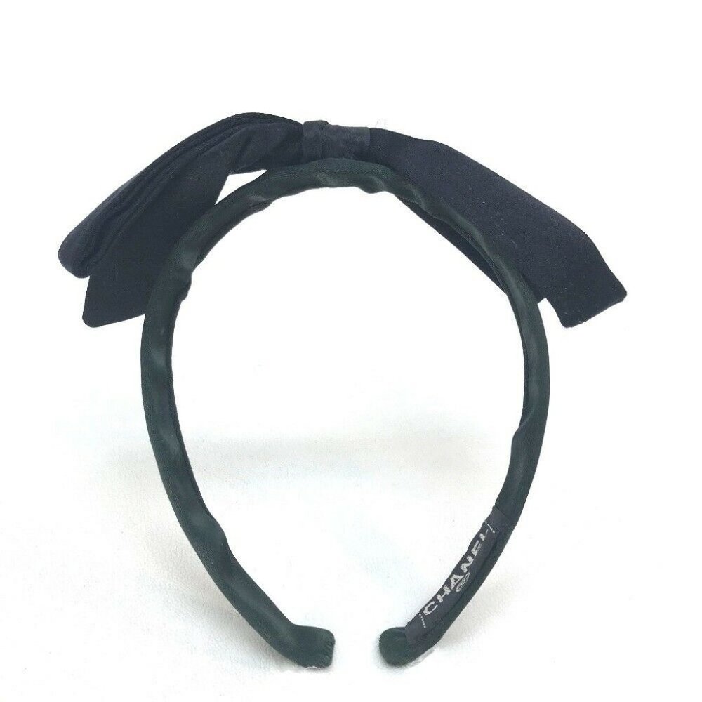 CHANEL Ribbon Hair Accessory Head Band Satin Black x Dark Green - Picture 6 of 10